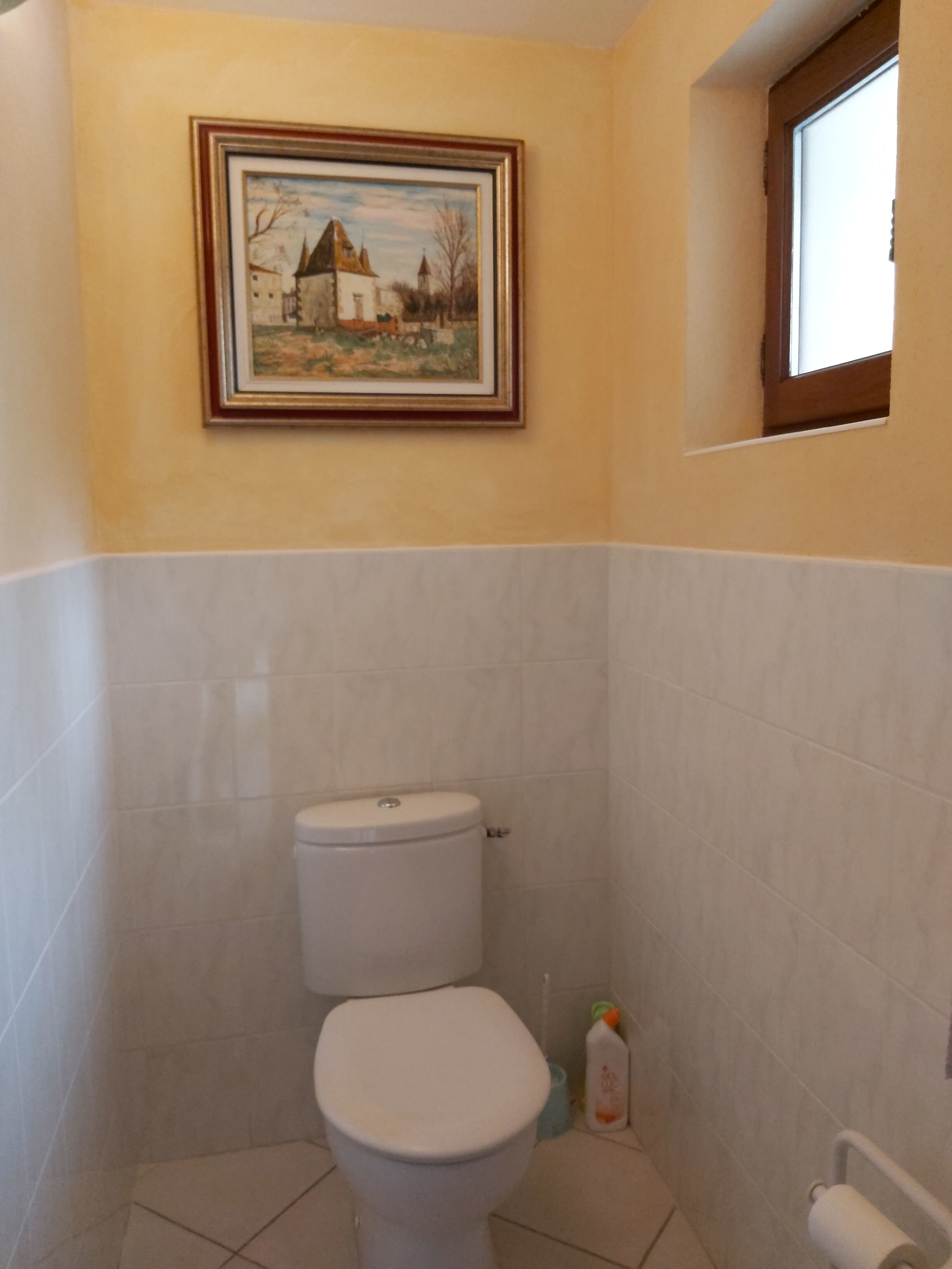 Een badkamer met een toilet, een inlijsting schilderij aan de muur, en een raam.