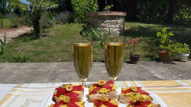 A table with a white plate of toast topped with red peppers and olives, and two glasses of white wine. - Ô Mirror... straightforwardly tell me everything about this trip  (Francescas)