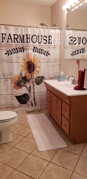 Duschwanne, Haartrockner, Handtücher, Seife