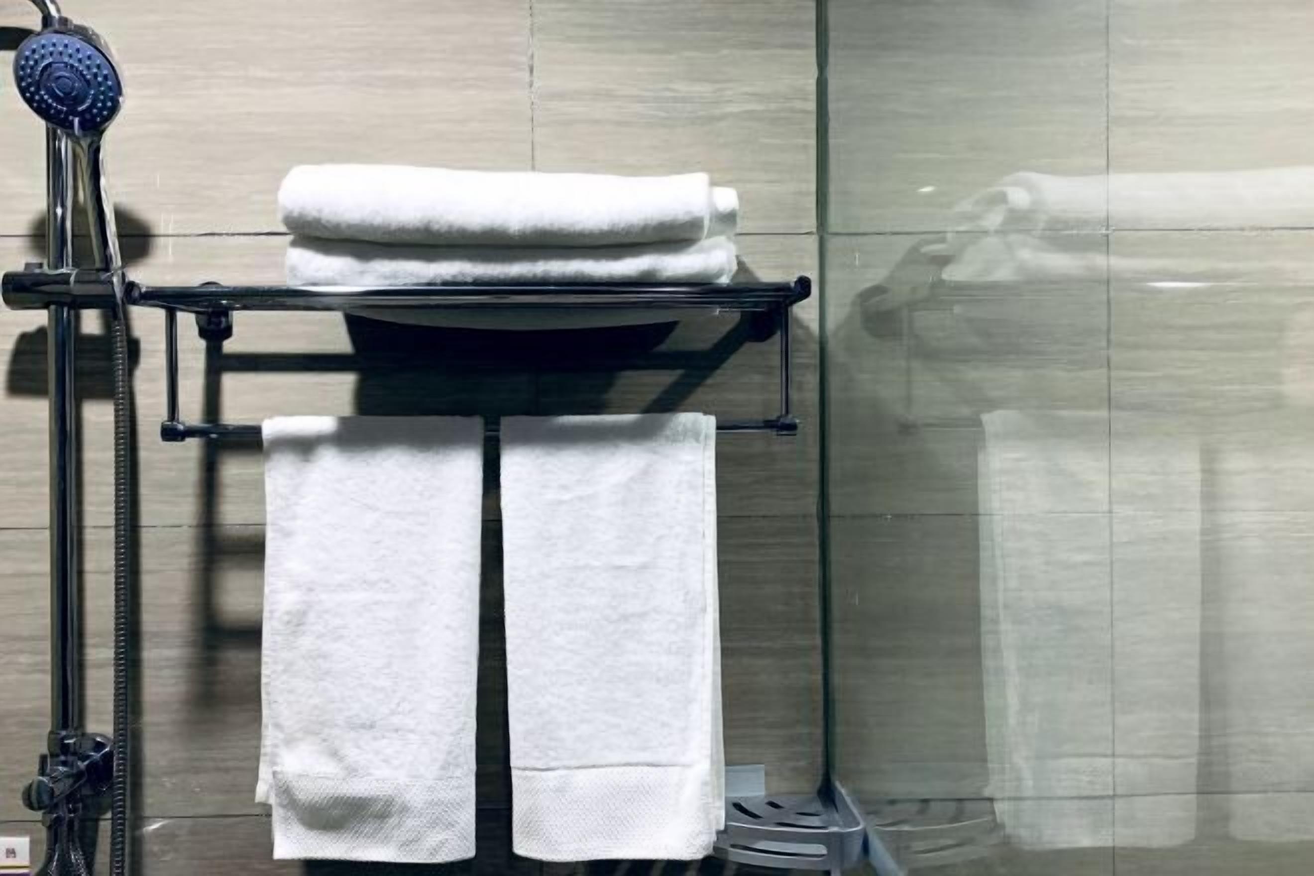 Un bagno con box doccia in vetro, un portasciugamani con asciugamani piegati e un soffione visibile.