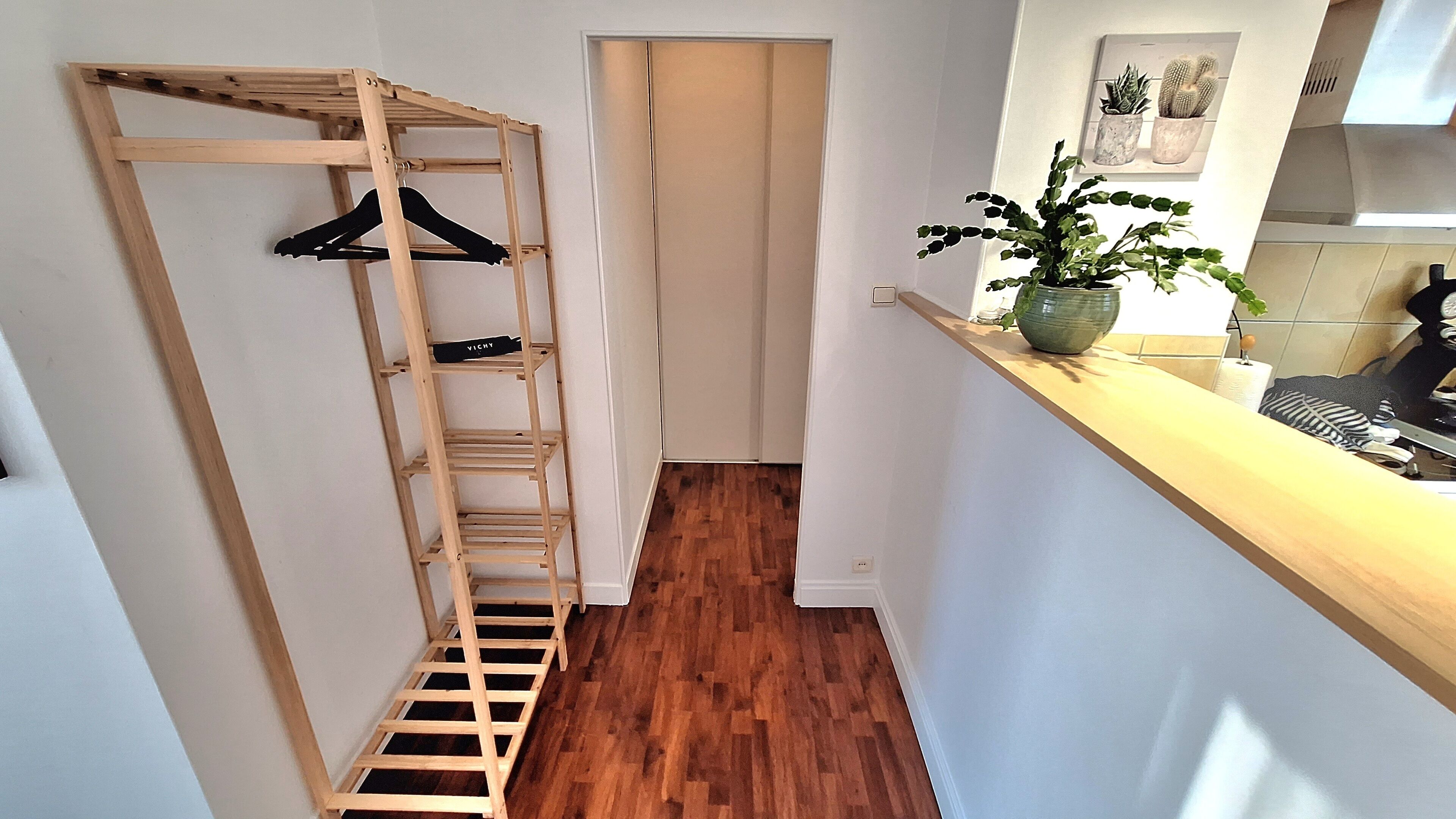 A narrow hallway with a wooden ladder shelf on the left, a potted plant on the right, and a kitchen area with a counter and appliances.