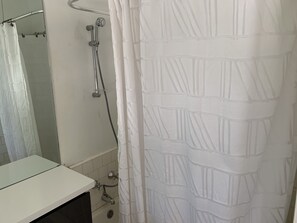 Combined shower/bathtub, soap, toilet paper