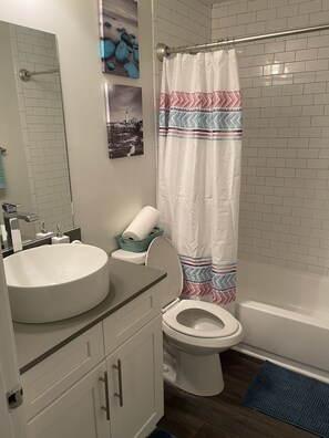 Combined shower/tub, hair dryer, towels, toilet paper