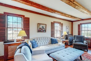 TV, fireplace - Vermont Farmhouse Getaway Near the Slopes W/ Mtn Views, Free WiFi, Full Kitchen (Ludlow)