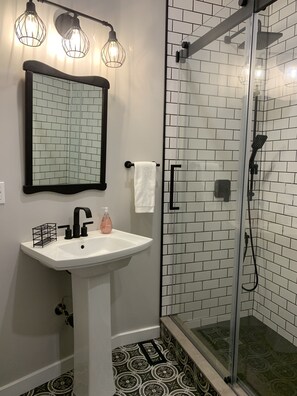 Douche, séchoir à cheveux, serviettes fournies, savon