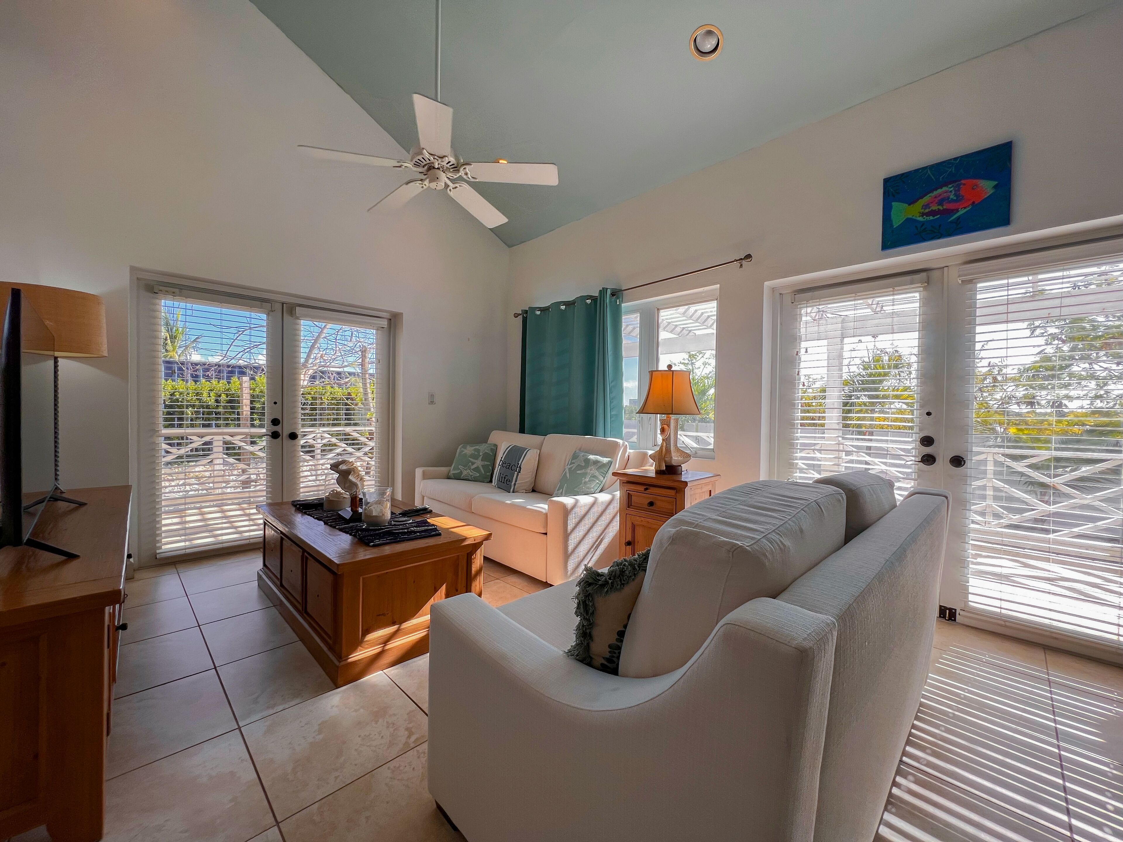 villa, 3 bedrooms, private pool, garden view | living area | 55-inch flat-screen tv with cable channels, tv