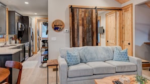 A modern kitchen with stainless steel appliances, a grey sofa with patterned cushions, and a wooden sliding door. - Banner Bear - 1 mile from downtown Banner Elk, Skiing, restaurants (Banner Elk)
