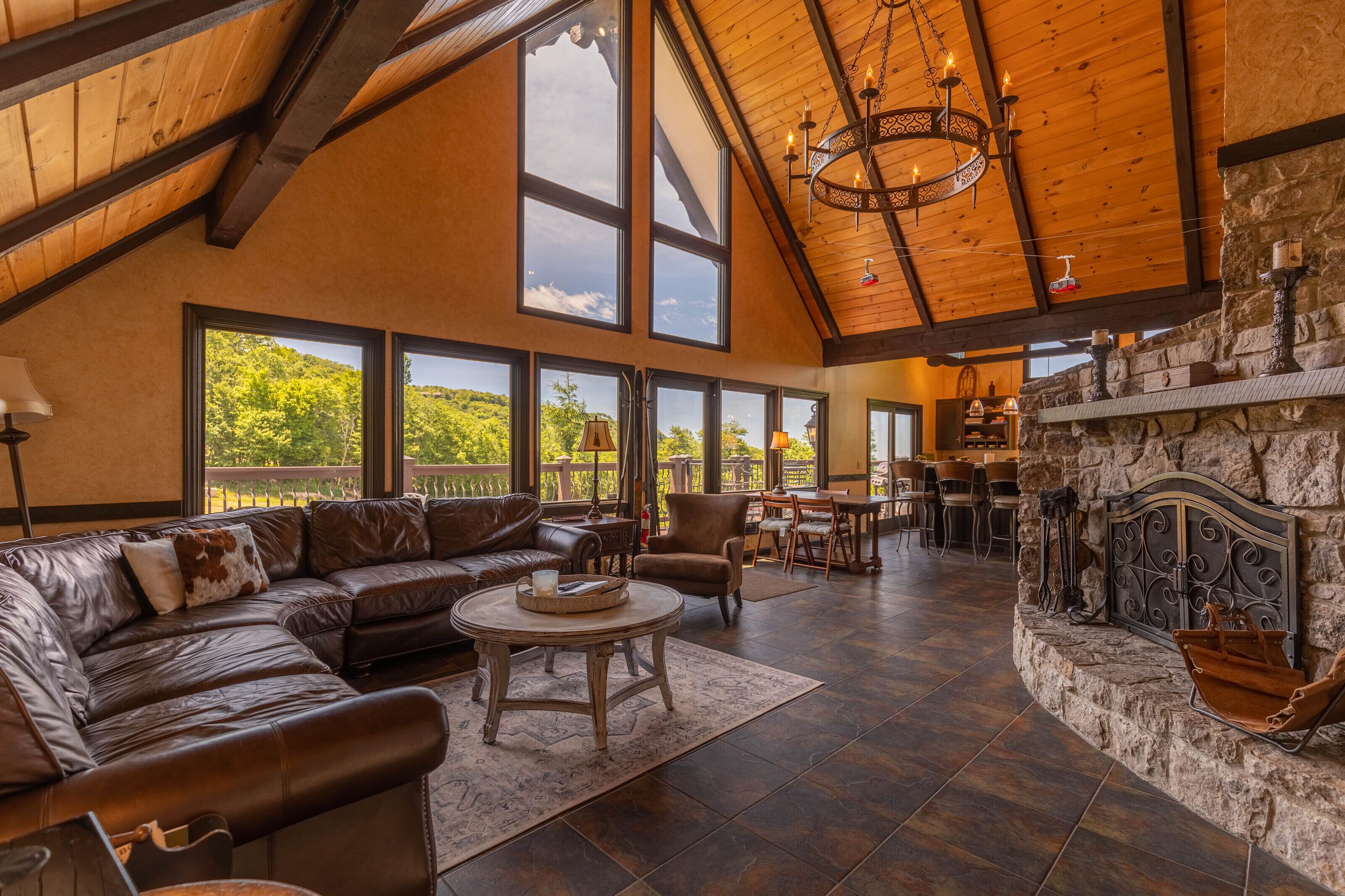 TV, fireplace, video library