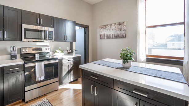 A modern kitchen with dark cabinets, stainless steel appliances, and a large window providing natural light.