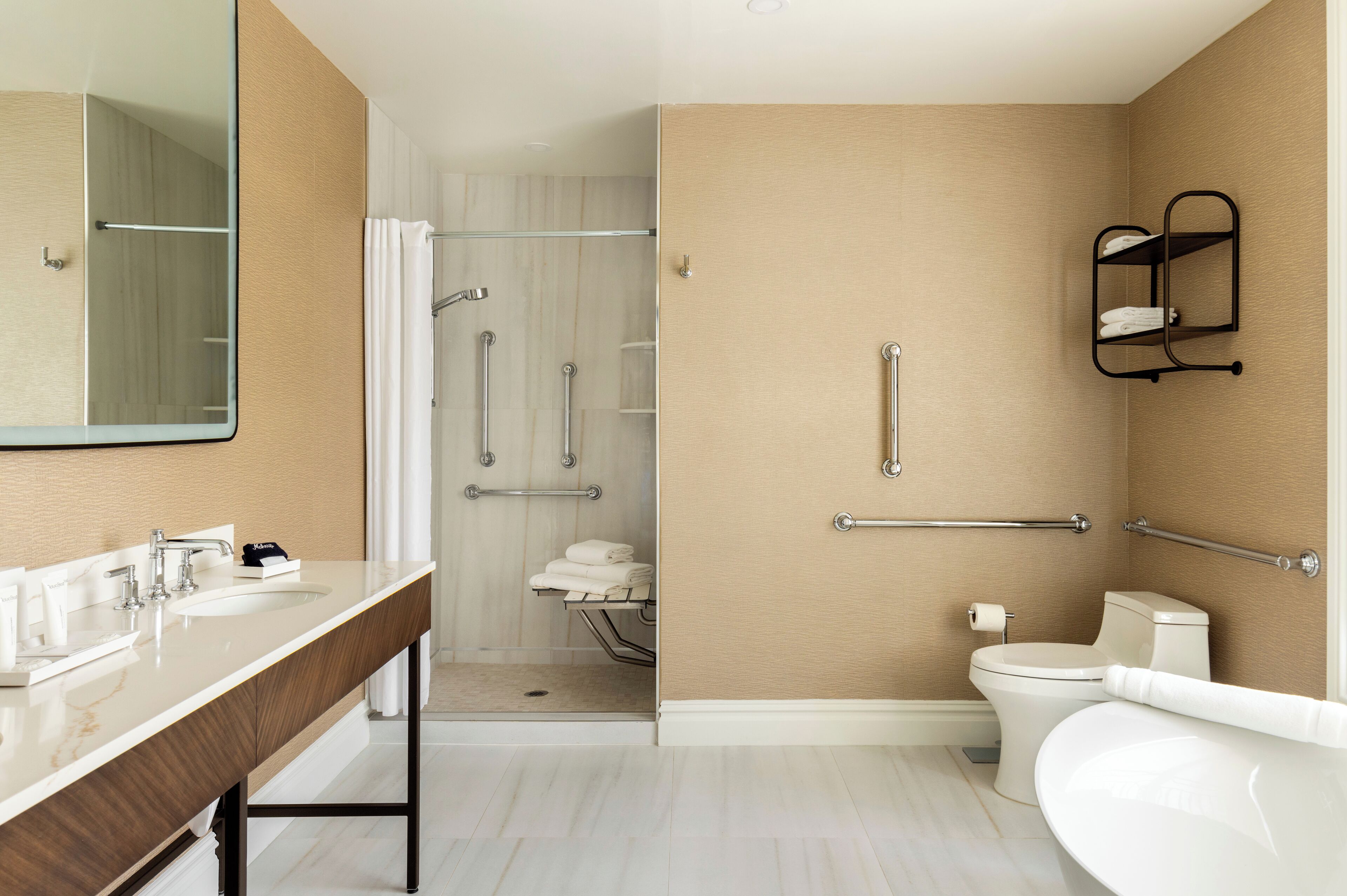 accessible premier suite | bathroom | shower, free toiletries, hair dryer, towels