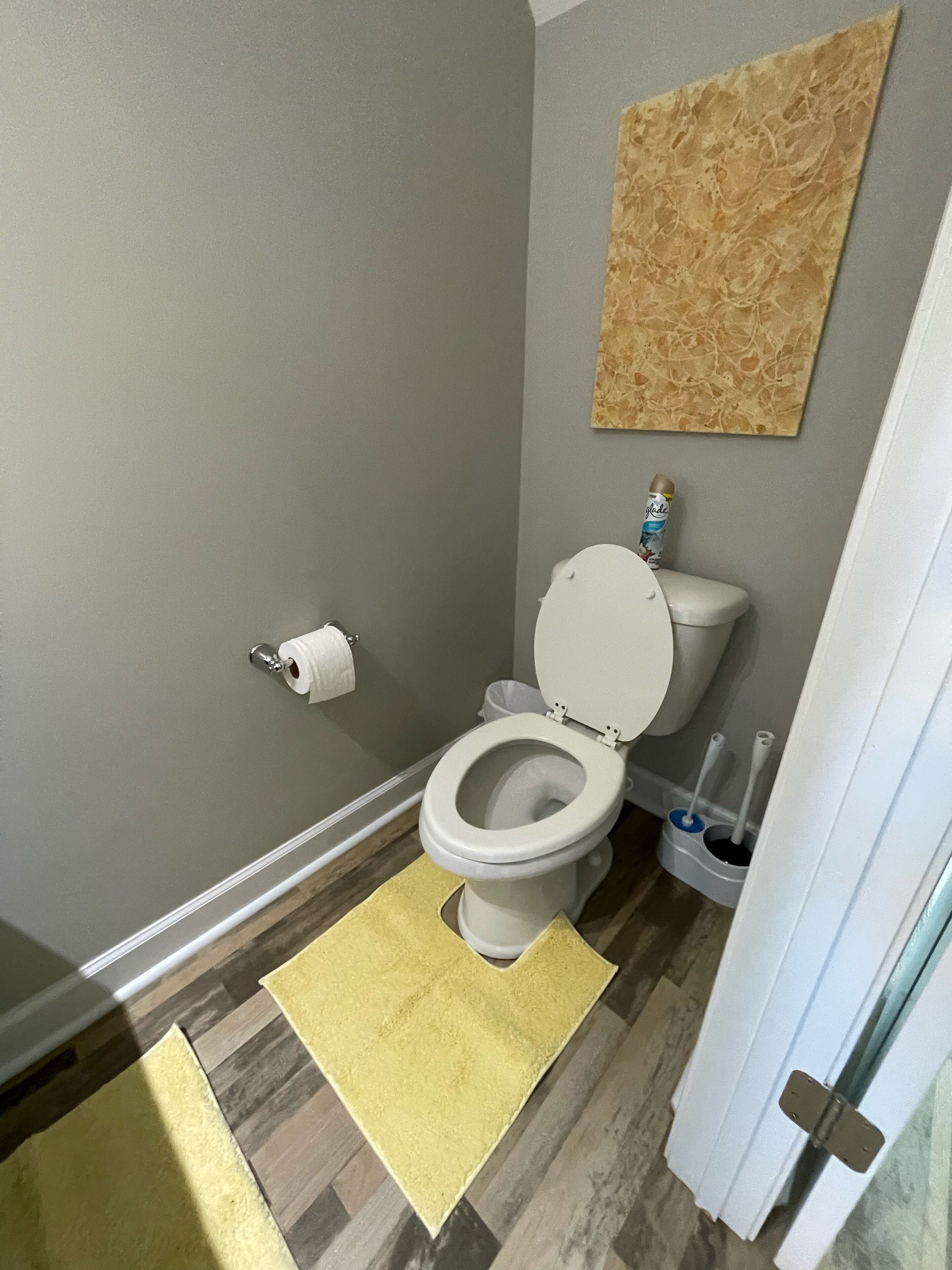 Een badkamer met een toilet, een rol toiletpapier, een schoonmaakborstel en een gele mat op de vloer.