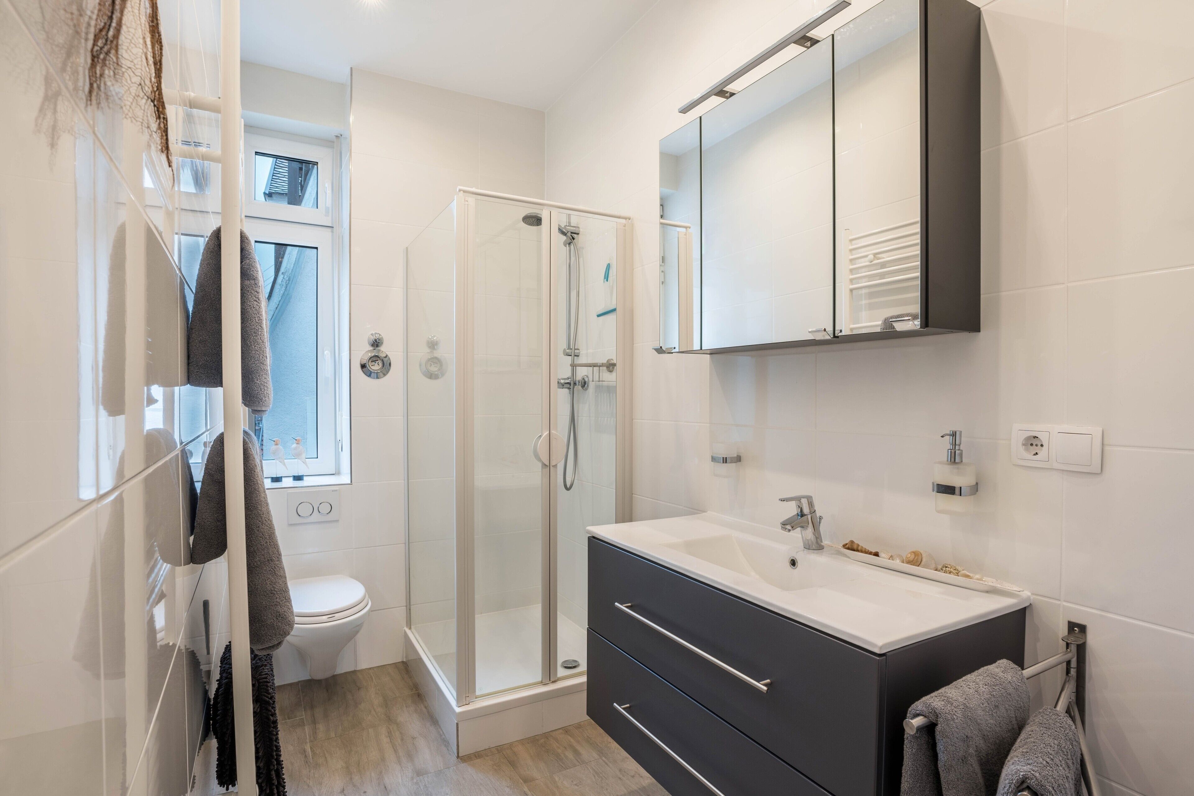 Shower, hair dryer, towels