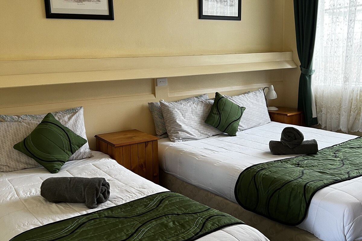 Una habitación de hotel con dos camas, cada una con una manta verde, una mesita de noche de madera y un cuadro en la pared.