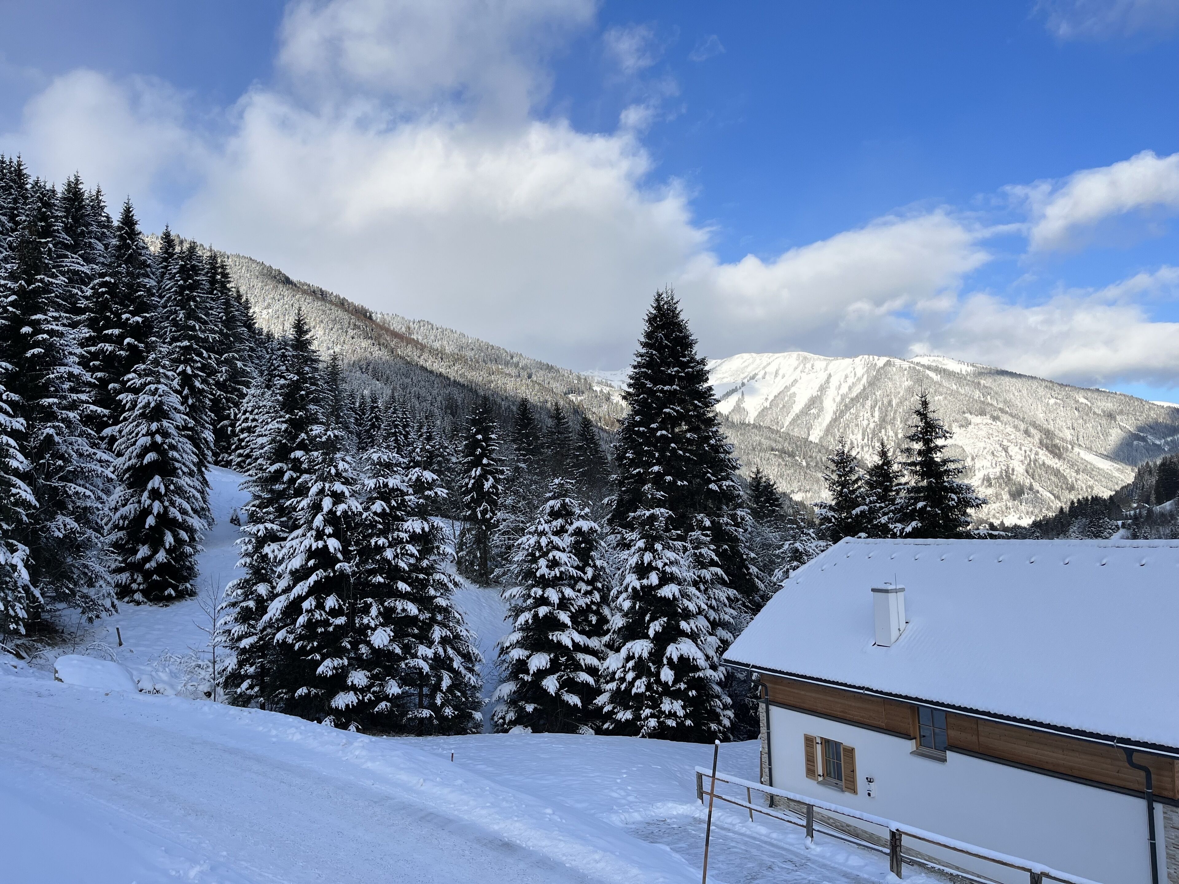 Un paysage de montagne enneigé avec une cabane.