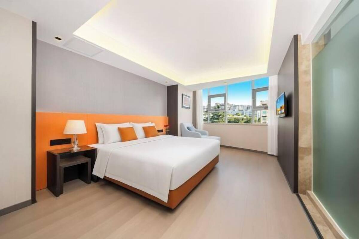 A modern hotel room with a large bed, a nightstand, a TV, and a city view through the window.