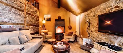 TV, fireplace, foosball