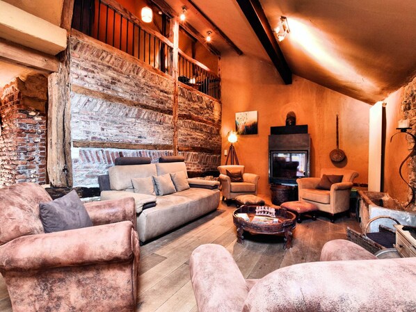 TV, fireplace, table football