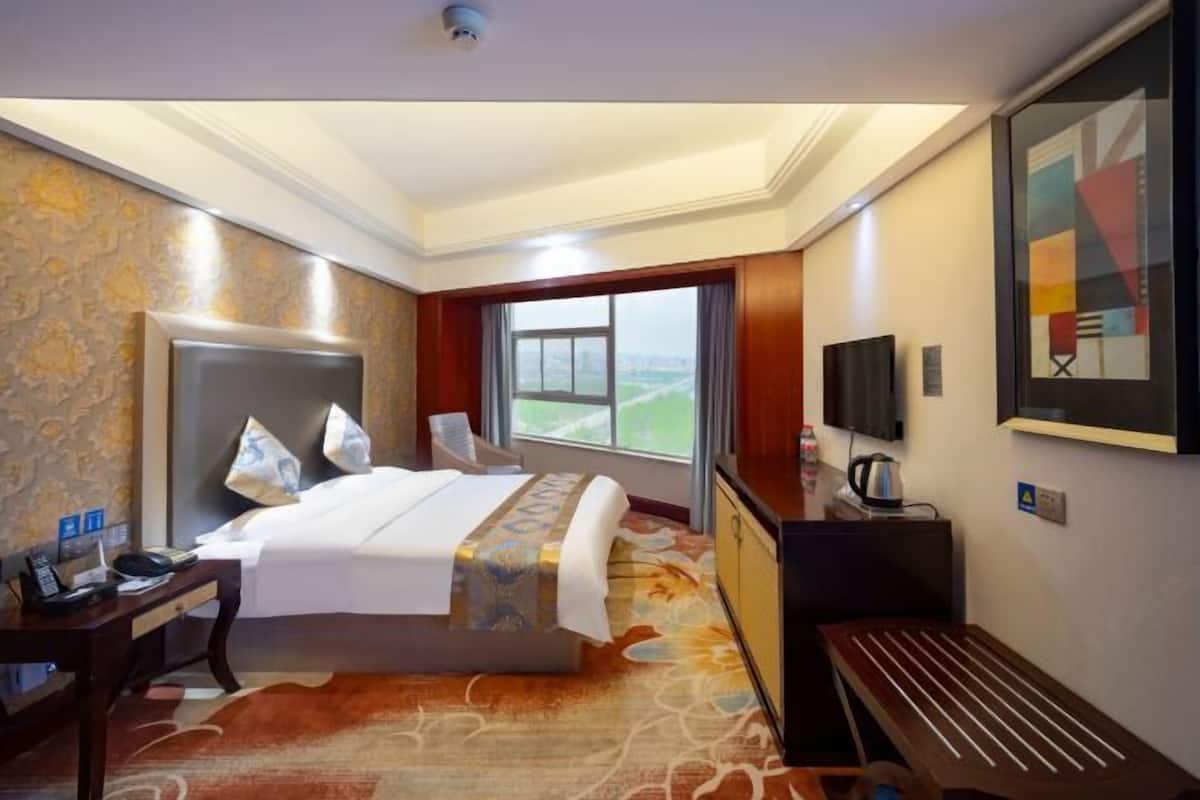 A hotel room with a large bed, a desk, a chair, a TV, and a window with a view.