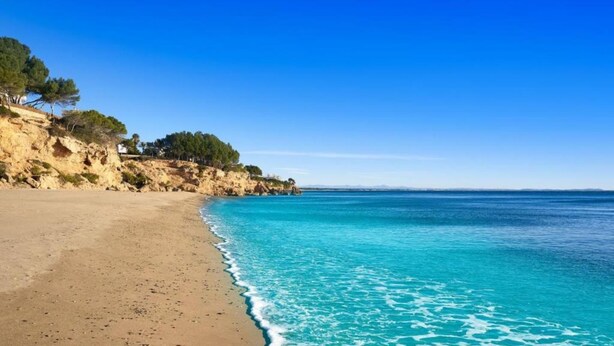 Una playa arenosa con agua turquesa cristalina y un acantilado rocoso con árboles.