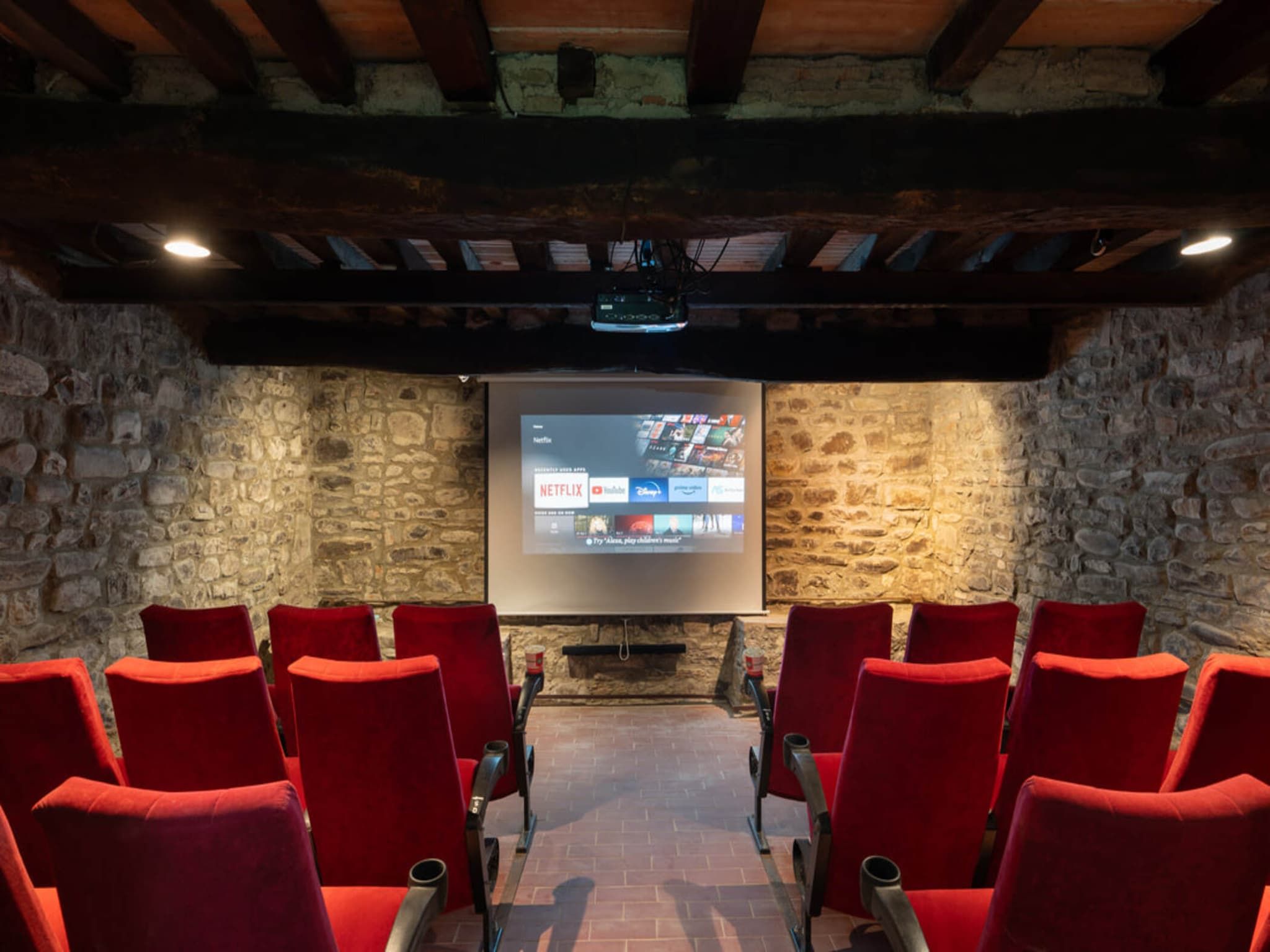 A movie theater with stone walls, red velvet seats, and a screen displaying streaming services.