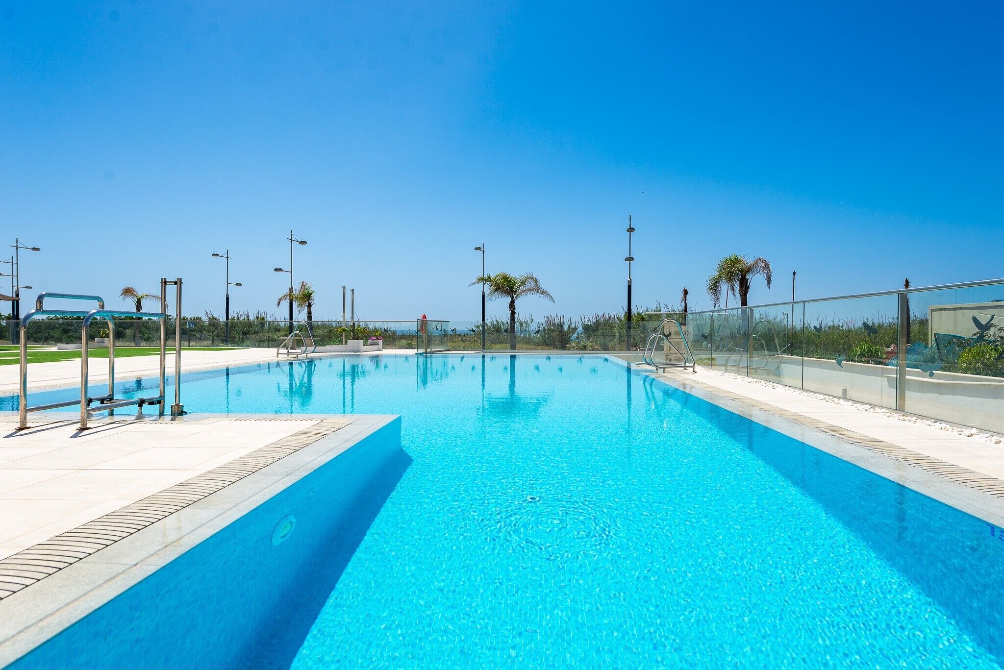 A clear blue swimming pool with a tiled deck, surrounded by a glass fence, and palm trees in the background.