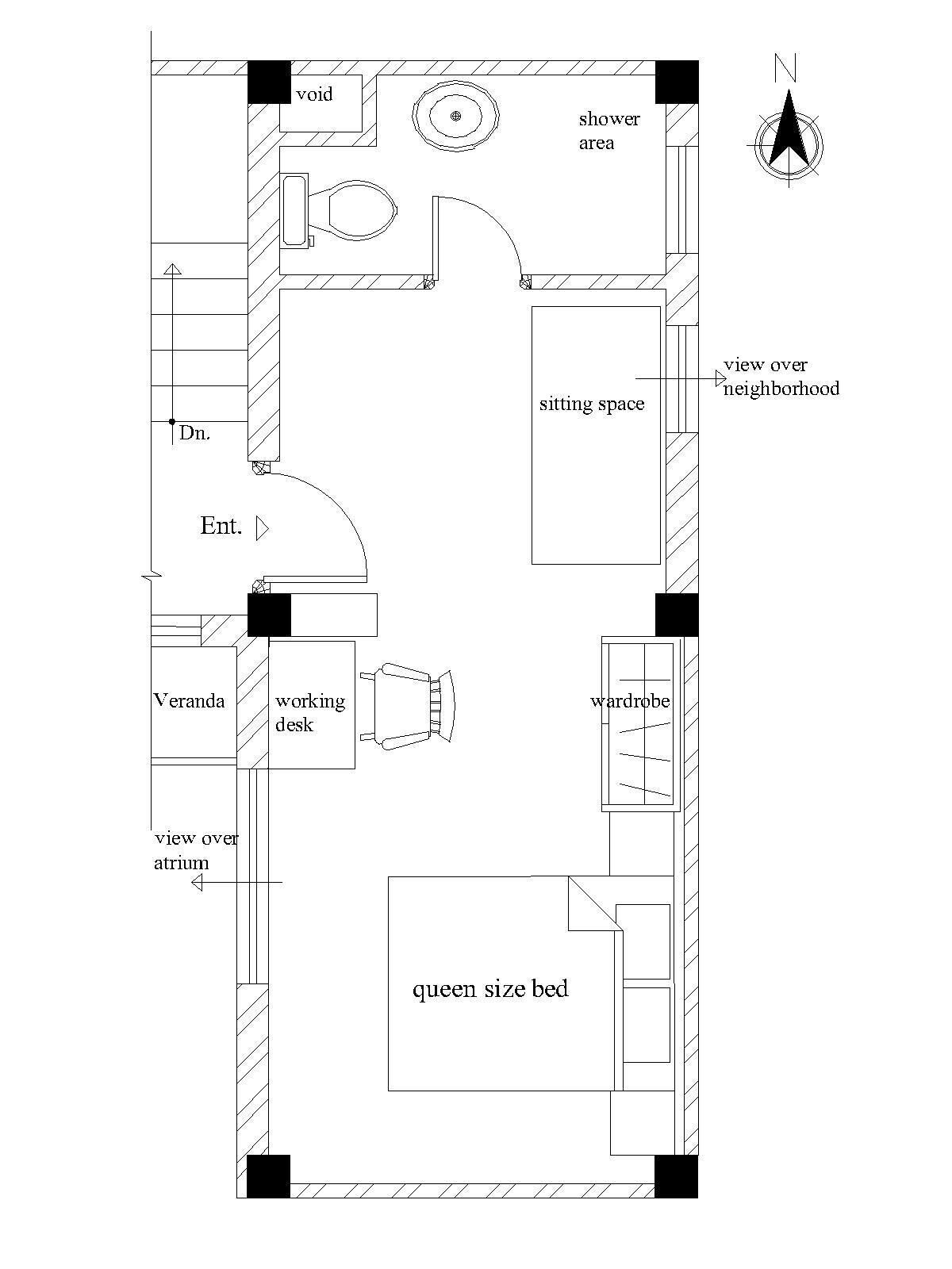 Plano de planta que muestra una zona de ducha, espacio para sentarse, vistas al vecindario, escritorio, armario y una cama tamaño queen, además de la entrada.