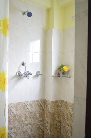 Shower, hair dryer, towels, shampoo