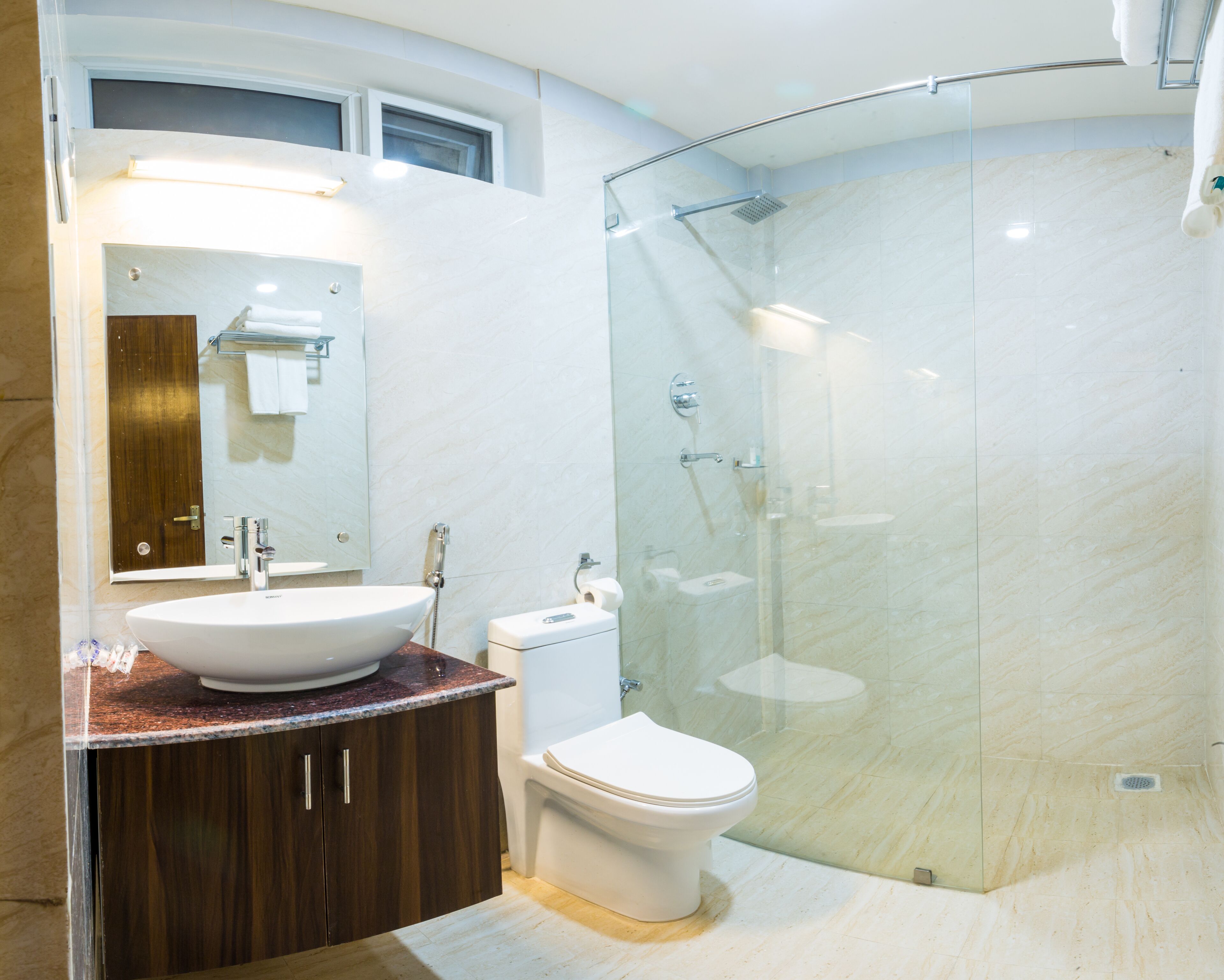 A modern bathroom with a glass-enclosed shower, a white sink, and a toilet.