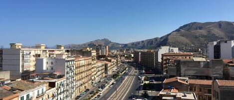 A cityscape with a wide street, multi-story buildings, and a mountain in the background.
