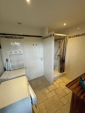 Shower, hair dryer, toilet paper
