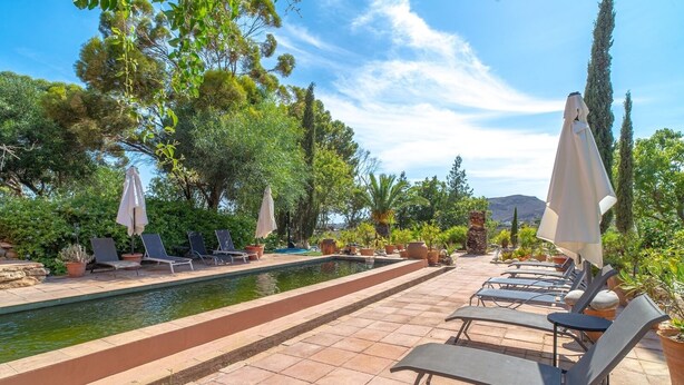 A poolside area with lounge chairs, umbrellas, and potted plants. - Spacious Andalusian Country House with Pool Near Cabo de Gata (Níjar)