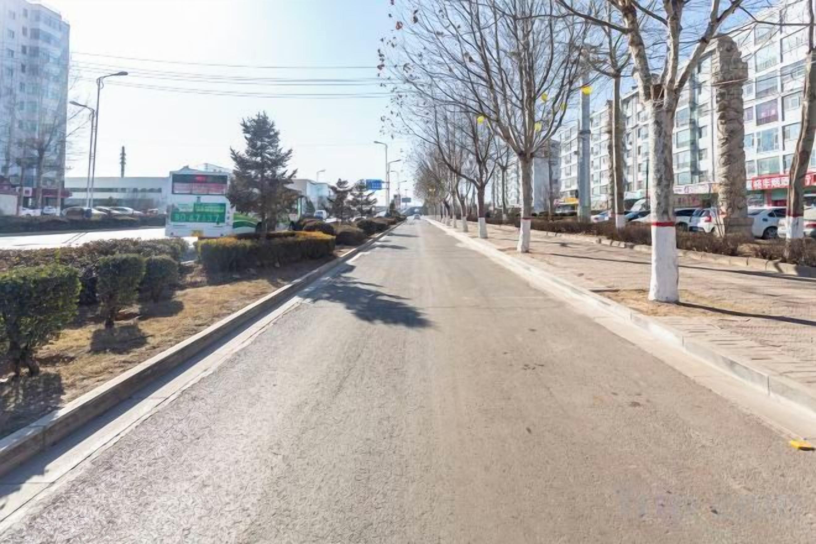 Eine gerade Straße mit Bürgersteig an der rechten Seite, gesäumt von Bäumen und einem Gebäude im Hintergrund.