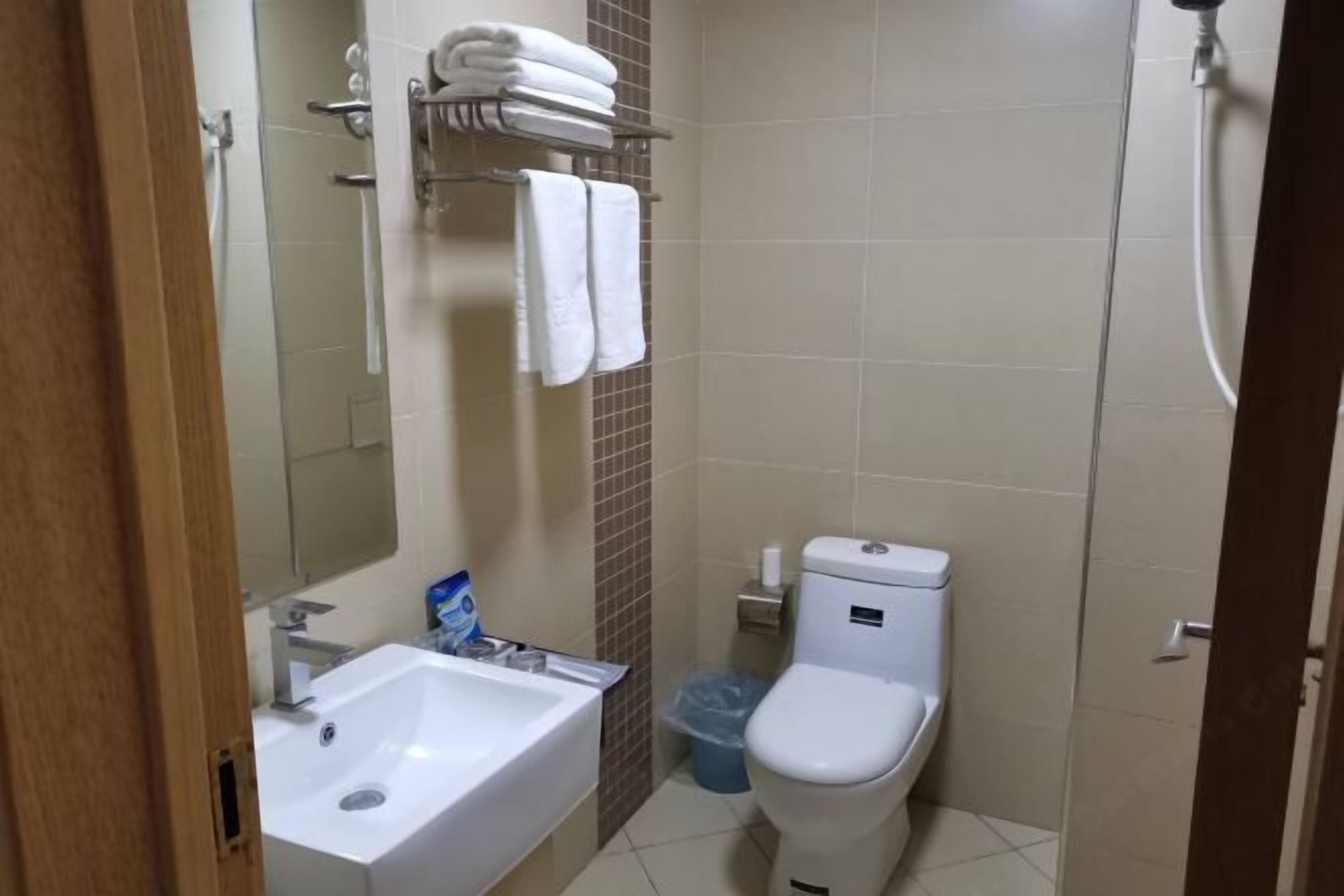 Une salle de bain avec un lavabo blanc, des toilettes et une douche.