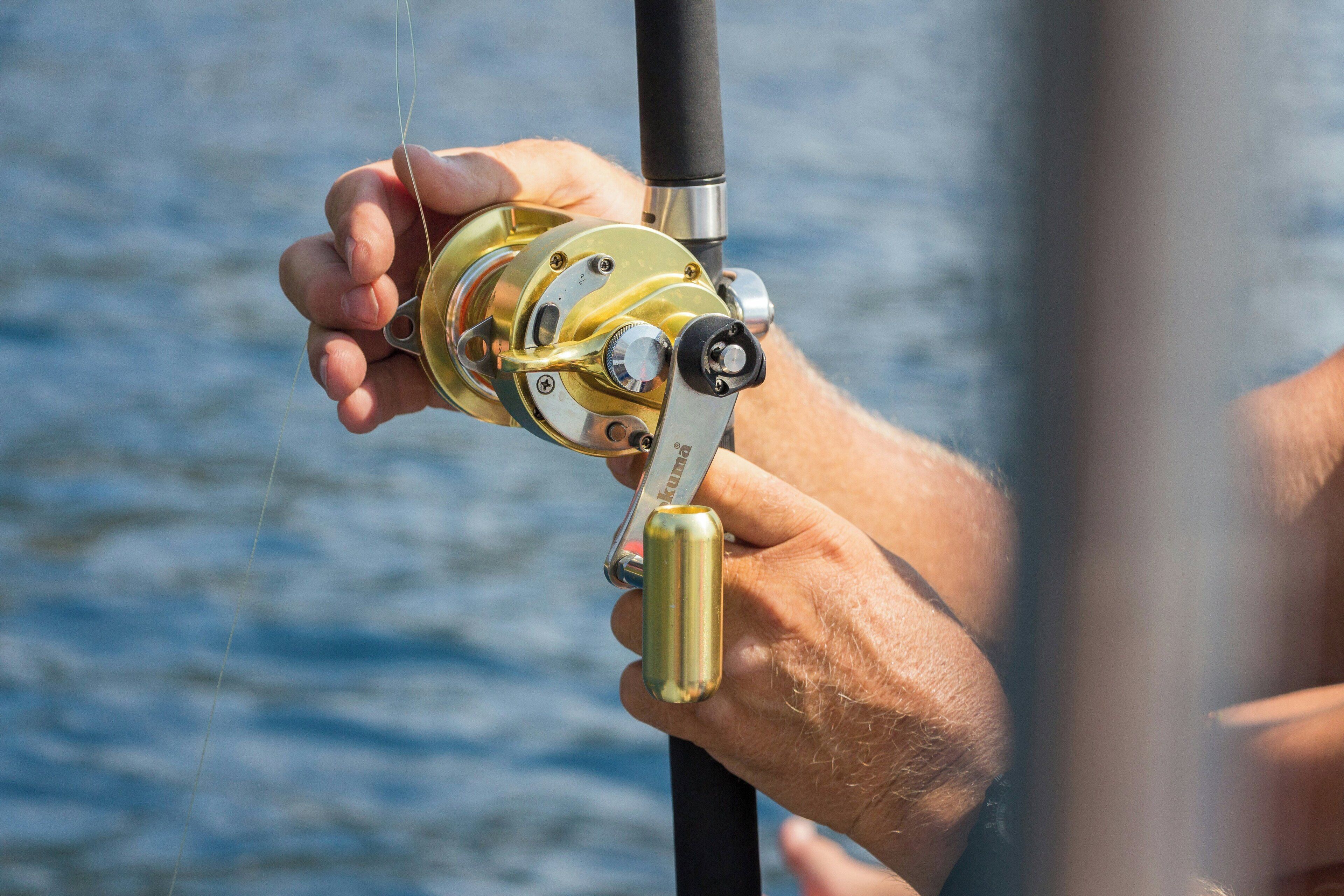 A close-up of a person's hands holding a fishing reel with a rod.