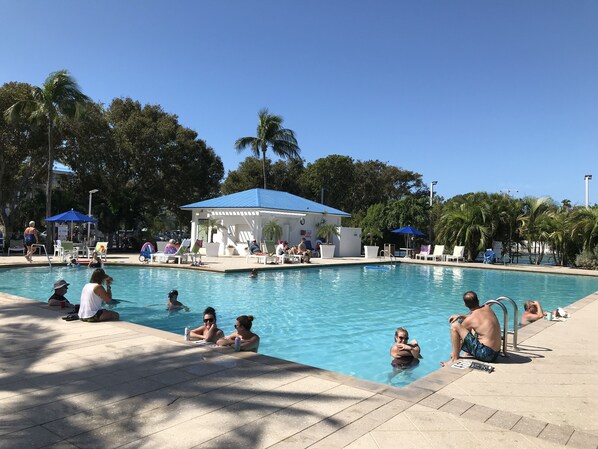 Relax by the pool surrounded by lush greenery and shaded seating areas.