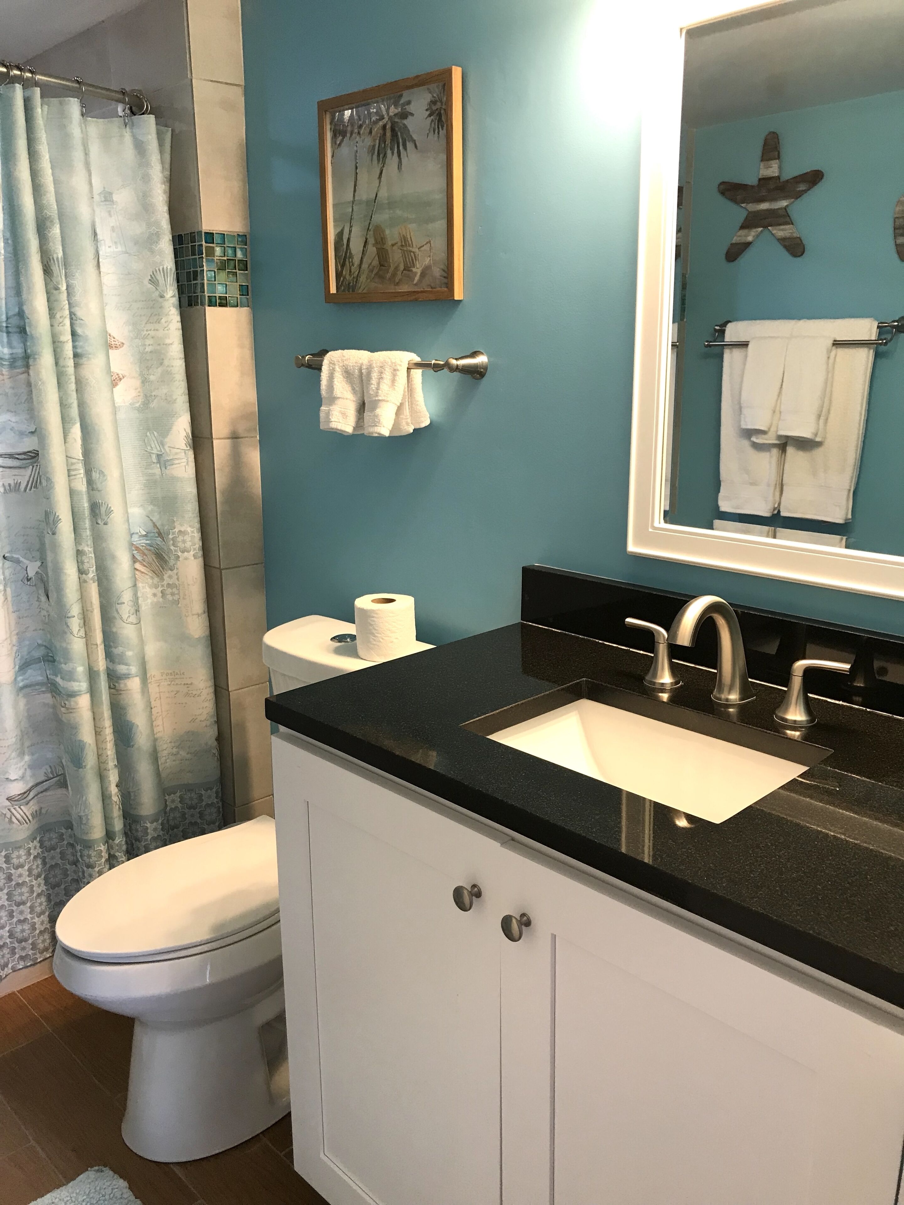 Une salle de bain équipée de toilettes, d’un lavabo et d’un rideau de douche.