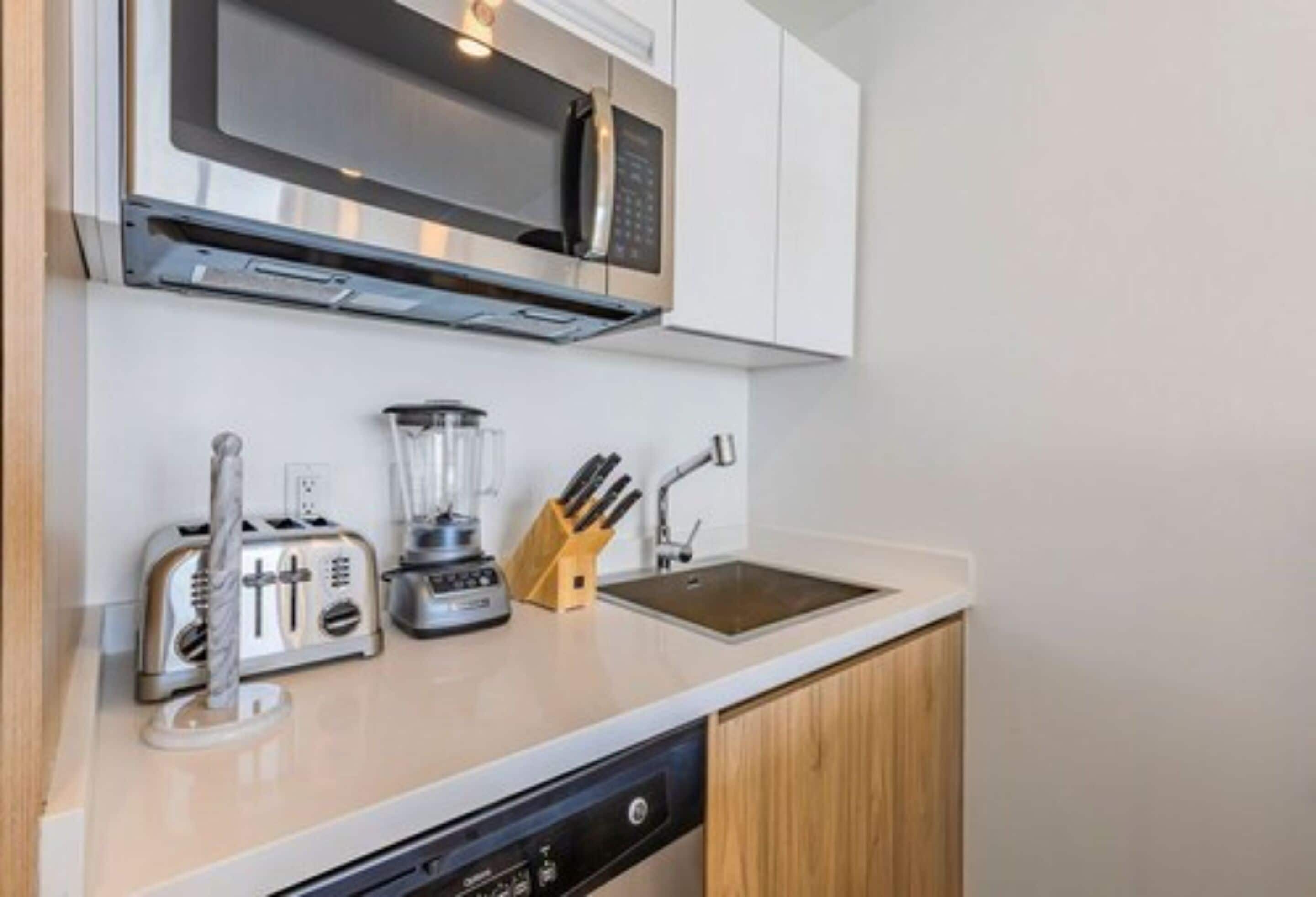 A modern kitchen with a built-in microwave, toaster, blender, and sink.