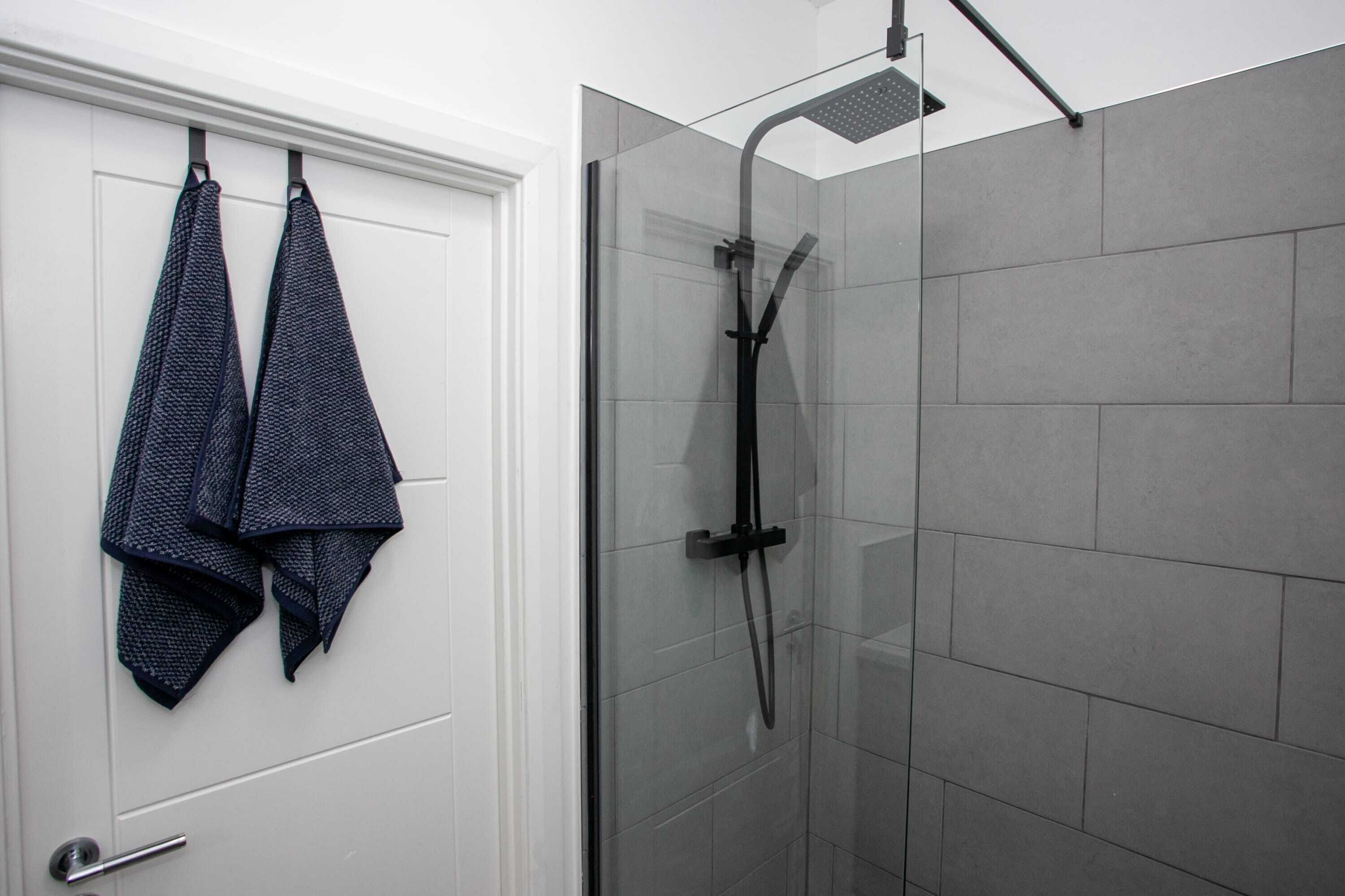 Shower, free toiletries, hair dryer, towels