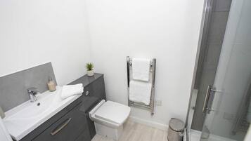 Shower, hair dryer, towels