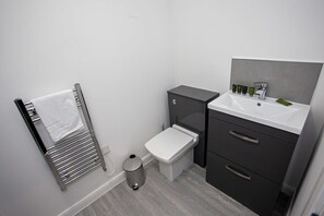 Shower, hair dryer, towels, shampoo