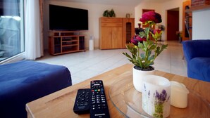 Olohuone, jossa on televisio, kaukosäätimet, lasinen sohvapöytä, jossa on ruukkukasvi ja kynttilöitä, sekä sininen sohva.