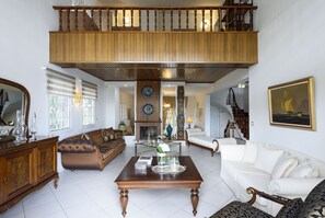 Presidential Villa | Living area | 43-cm LED TV with cable channels, TV, fireplace - Olvios Villa at Melissochori (Oraiokastro)