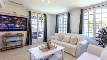 Smart TV, fireplace, books, video library
