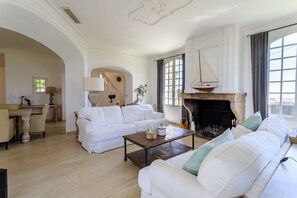 TV connectée, cheminée, livres, vidéothÚque