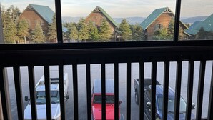 A view through a window with a metal grille, featuring several log cabins with green roofs, surrounded by trees, and a parking lot with various vehicles. - Newly renovated 4BR & 3BR condo walk to slopes (Snowshoe)