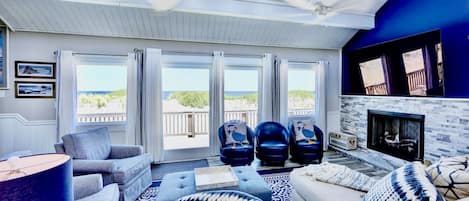 Smart TV, fireplace, books