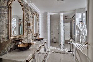 Villa, 2 Double Beds | Bathroom | Separate tub and shower, hydromassage showerhead, free toiletries