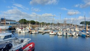 A marina with various boats docked, including sailboats and motorboats.