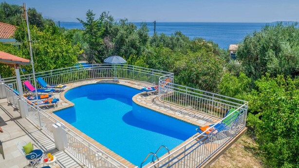 Ein Pool mit gebogenem Design, umgeben von einem Metallzaun und mit Blick auf eine schöne Meerlandschaft.