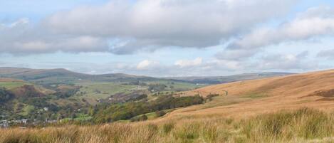 A panoramic view of a hilly landscape with a small village in the valley.